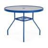 36-inch Sundance round commercial acrylic patio dining table with Marina blue aluminum frame, textured acrylic top, and center umbrella hole