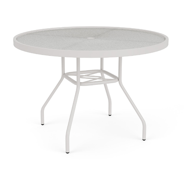 42-inch Sundance round commercial acrylic patio dining table with Sky White aluminum frame, textured acrylic top, and center umbrella hole