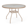 42-inch Sundance round commercial acrylic patio dining table with Textured Antique Beige aluminum frame, textured acrylic top, and center umbrella hole