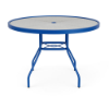 42-inch Sundance round commercial acrylic patio dining table with Marina blue aluminum frame, textured acrylic top, and center umbrella hole