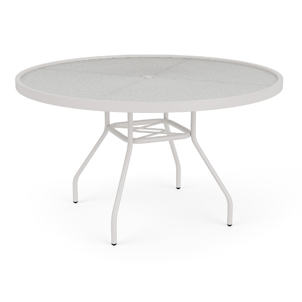 48-inch Sundance round commercial acrylic patio dining table with Sky White aluminum frame, textured acrylic top, and center umbrella hole
