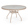 48-inch Sundance round commercial acrylic patio dining table with Textured Antique Beige aluminum frame, textured acrylic top, and center umbrella hole