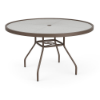 48-inch Sundance round commercial acrylic patio dining table with Textured Espresso aluminum frame, textured acrylic top, and center umbrella hole