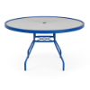 48-inch Sundance round commercial acrylic patio dining table with Marina blue aluminum frame, textured acrylic top, and center umbrella hole