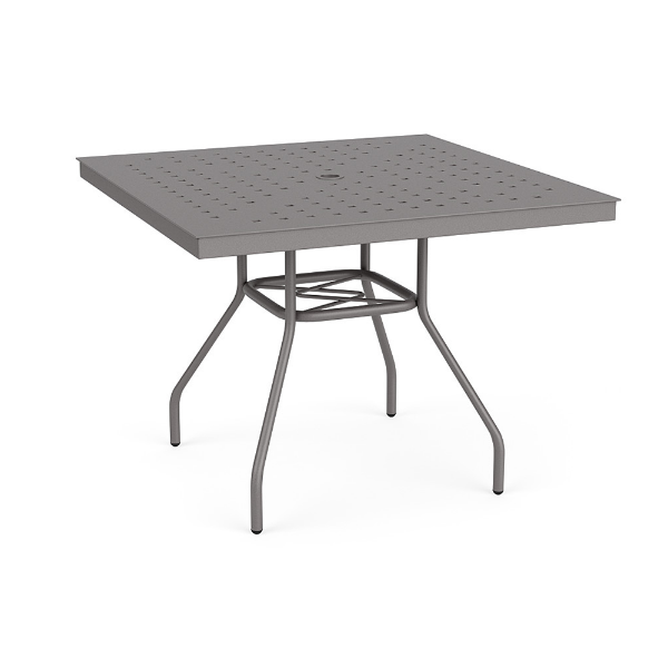 36-inch Sundance square commercial aluminum patio dining table in Titanium Gray with perforated Cube tabletop and center umbrella hole