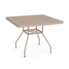 36-inch Sundance square commercial aluminum patio dining table in Textured Antique Beige with decorative Slat tabletop and center umbrella hole
