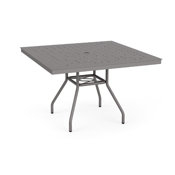 42-inch Sundance square commercial aluminum patio dining table in Titanium Gray with perforated Cube tabletop and center umbrella hole