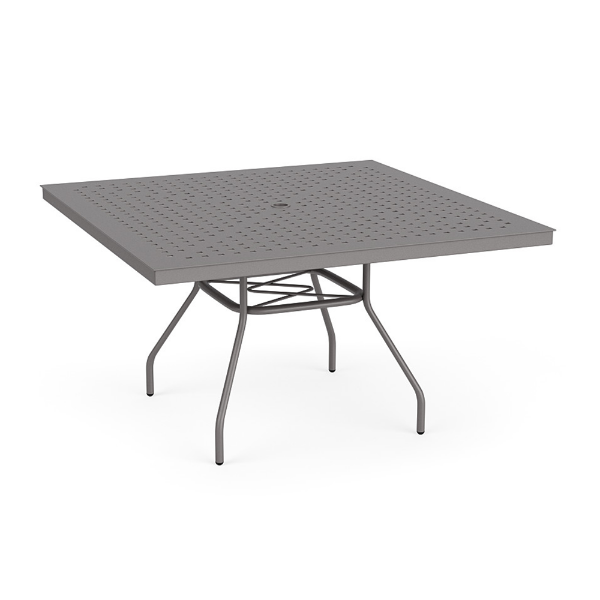 48-inch Sundance square commercial aluminum patio dining table in Titanium Gray with perforated Cube tabletop and center umbrella hole