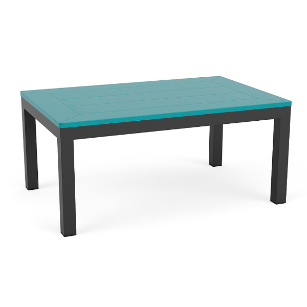 26 x 40 Coastal rectangular commercial patio coffee table with Starlight Black aluminum frame and Aruba MGP slat top