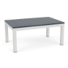 26 x 40 Coastal rectangular commercial patio coffee table with Sky White aluminum frame and navy MGP slat top