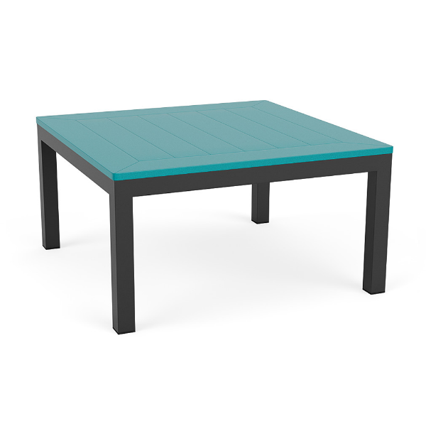 34-inch Coastal square commercial patio coffee table with Starlight Black aluminum frame and Aruba MGP slat top
