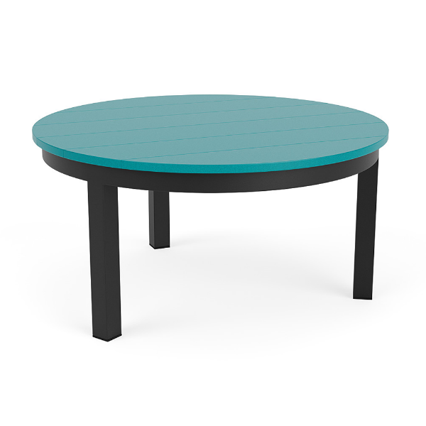 36-inch Coastal round commercial patio coffee table with Starlight Black aluminum frame and Aruba MGP slat top