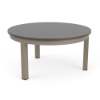 36-inch Coastal round commercial patio coffee table with Satin Amber aluminum frame and gray MGP slat top