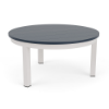 36-inch Coastal round commercial patio coffee table with Sky White aluminum frame and navy MGP slat top