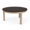36-inch Coastal round commercial patio coffee table with Textured Antique Beige aluminum frame and Northeastern Walnut MGP slat top