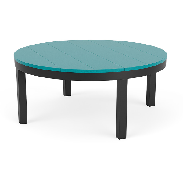 42-inch Coastal round commercial patio coffee table with Starlight Black aluminum frame and Aruba MGP slat top