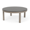 42-inch Coastal round commercial patio coffee table with Satin Amber aluminum frame and gray MGP slat top