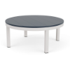 42-inch Coastal round commercial patio coffee table with Sky White aluminum frame and navy MGP slat top