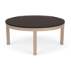 42-inch Coastal round commercial patio coffee table with Textured Antique Beige aluminum frame and Northeastern Walnut MGP slat top