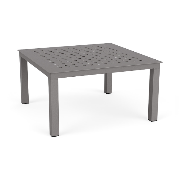 34-inch Coastal aluminum square commercial patio coffee table in Titanium Gray with geometric Cube-pattern tabletop