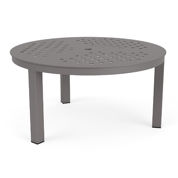 36-inch Coastal aluminum round commercial patio coffee table in Titanium Gray with geometric Cube pattern tabletop and center umbrella hole