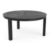 36-inch Coastal aluminum round commercial patio coffee table in Starlight Black with geometric slotted tabletop and center umbrella hole