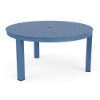 36-inch Coastal aluminum round commercial patio coffee table in Steel Blue with perforated Bubble pattern tabletop and center umbrella hole