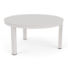 36-inch Coastal aluminum round commercial patio coffee table in Sky White with solid tabletop and center umbrella hole