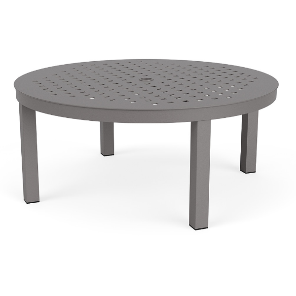 42-inch Coastal aluminum round commercial patio coffee table in Titanium Gray with Cube pattern tabletop and center umbrella hole