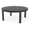 42-inch Coastal aluminum round commercial patio coffee table in Starlight Black with geometric slotted tabletop and center umbrella hole