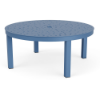 42-inch Coastal aluminum round commercial patio coffee table in Steel Blue with perforated Bubble pattern tabletop and center umbrella hole