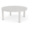 42-inch Coastal aluminum round commercial patio coffee table in Sky White with solid tabletop and center umbrella hole