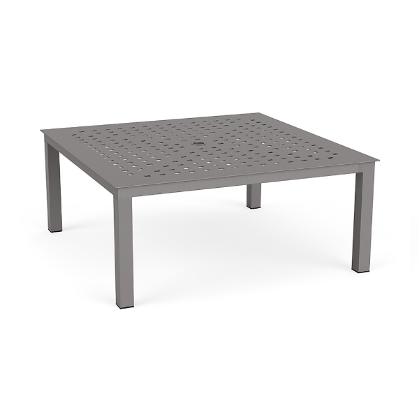 42-inch Coastal aluminum square commercial patio coffee table in Titanium Gray with Cube pattern tabletop and center umbrella hole