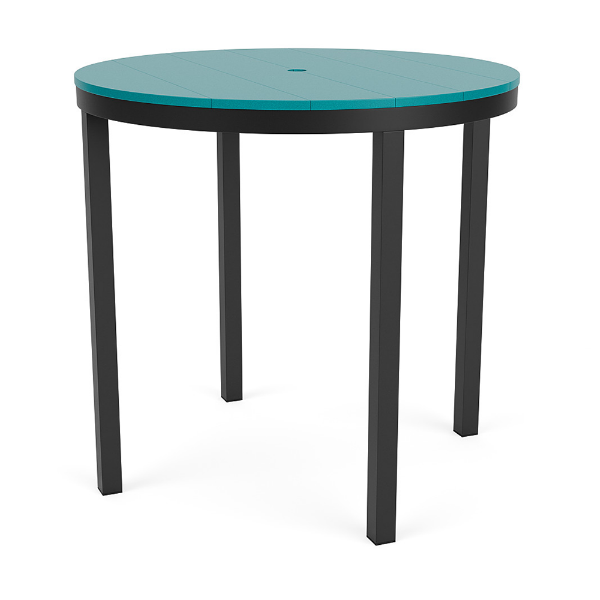 42-inch Coastal round commercial patio bar table with Starlight Black aluminum frame and Aruba MGP tabletop