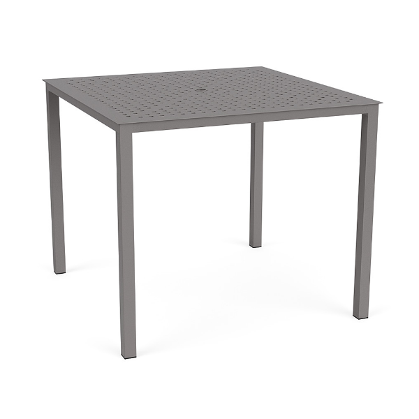 48-inch Coastal square aluminum commercial patio bar table in Titanium Gray with perforated Cube pattern tabletop and umbrella hole
