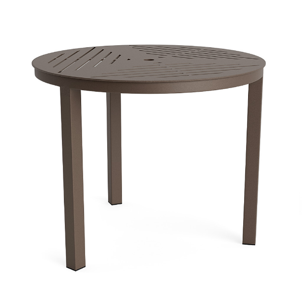 36" Coastal round aluminum patio dining table in Textured Espresso with decorative slat tabletop and center umbrella hole