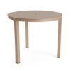 36" Coastal round aluminum patio dining table in Textured Antique Beige with solid tabletop and center umbrella hole