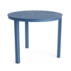 36" Coastal round aluminum patio dining table in Steel Blue with geometric cube-pattern tabletop and center umbrella hole