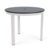 36" Coastal round aluminum commercial patio dining table with Sky White frame, Navy MGP slat top, and center umbrella hole