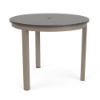 36" Coastal round aluminum commercial patio dining table with Satin Amber frame, Grey MGP slat top, and center umbrella hole