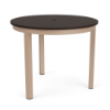36" Coastal round aluminum commercial patio dining table with Textured Antique Beige frame, Northeastern Walnut MGP slat top, and center umbrella hole