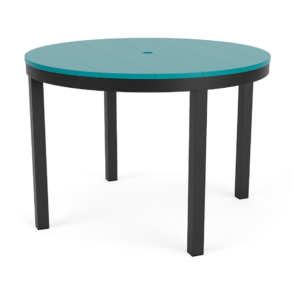 42" Coastal round aluminum commercial patio dining table with Starlight Black frame, Aruba MGP slat top, and center umbrella hole