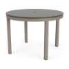 42" Coastal round aluminum commercial patio dining table with Satin Amber frame, grey MGP slat top, and center umbrella hole