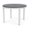 42" Coastal round aluminum commercial patio dining table with Sky White frame, navy MGP slat top, and center umbrella hole