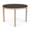 42" Coastal round aluminum commercial patio dining table with Textured Antique Beige frame, Northeastern Walnut MGP slat top, and umbrella hole