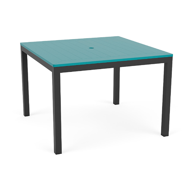 42" Coastal square aluminum commercial patio dining table with Starlight Black frame, Aruba MGP slat top, and center umbrella hole