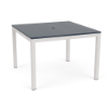 42" Coastal square aluminum commercial patio dining table with Sky White frame, navy MGP slat top, and center umbrella hole