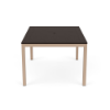 42" x 60" Coastal rectangular aluminum commercial patio dining table with Textured Antique Beige frame, Northeastern Walnut MGP top, and umbrella hole