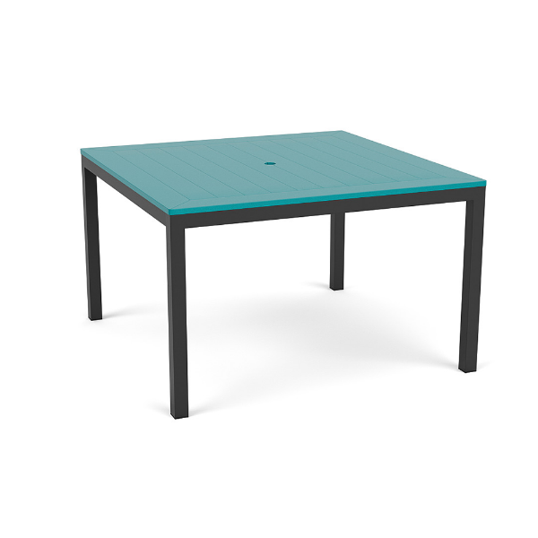 48" Coastal square aluminum commercial patio dining table with Starlight Black frame, Aruba MGP slat top, and center umbrella hole