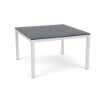 48" Coastal square aluminum commercial patio dining table with Sky White frame, navy MGP slat top, and center umbrella hole